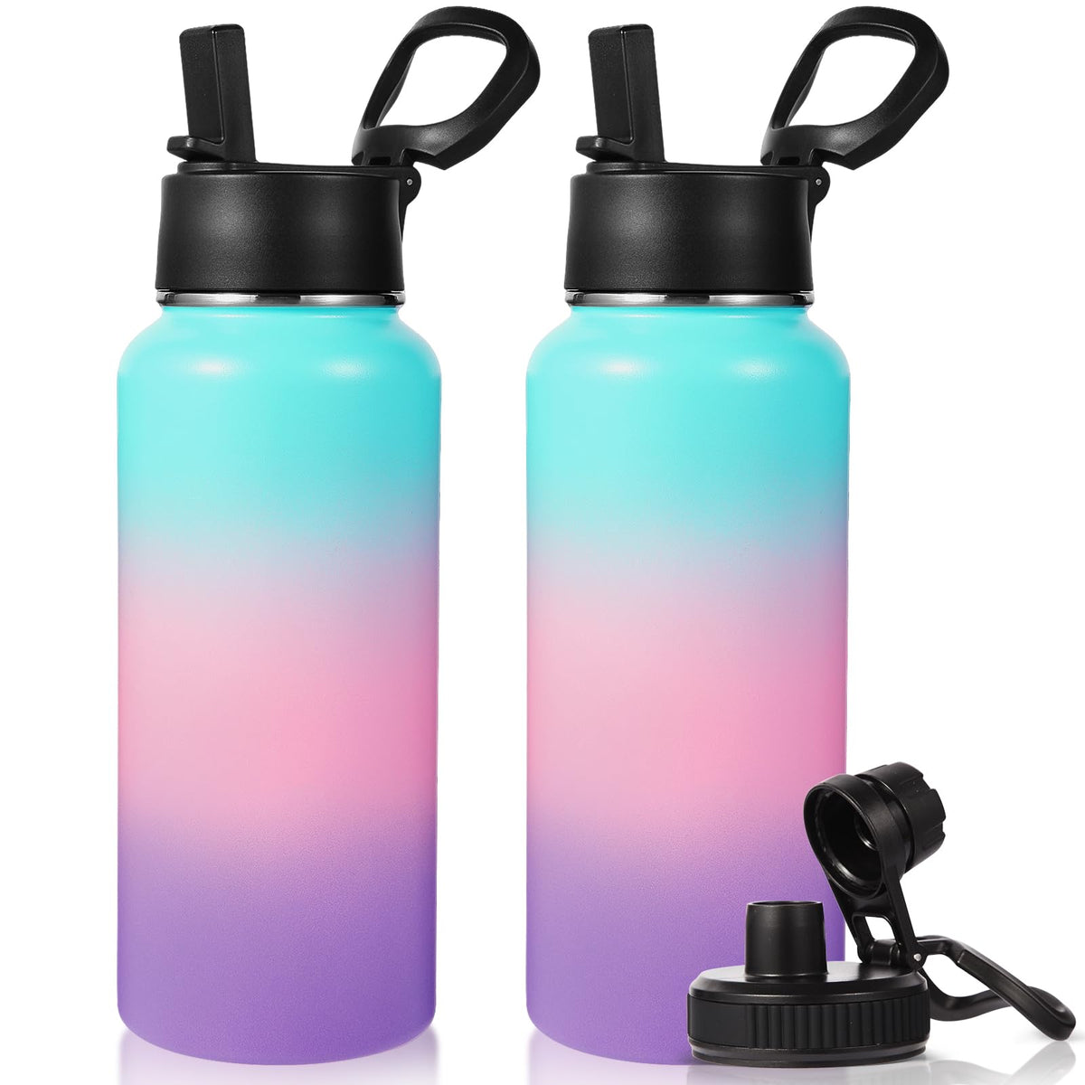 Neihepal 32 oz Insulated Water Bottles Bulk with 2 Lids (Straw & Spout Lid), Stainless Steel Double Wall Water Bottle, Keeps Cold 24H & Hot 12H (Eight Color,8 Pack)