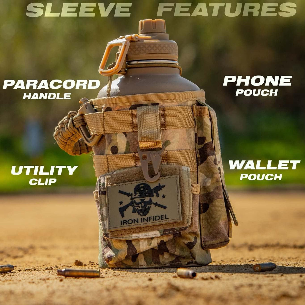 Battle Bottle - Half Gallon Insulated Water Bottle with Paracord Handle - 64 oz Stainless Steel Water Jug with Two Rugged, Removable Sleeves for Keys, Wallet & Phone (Camo Sleeves Bundle)