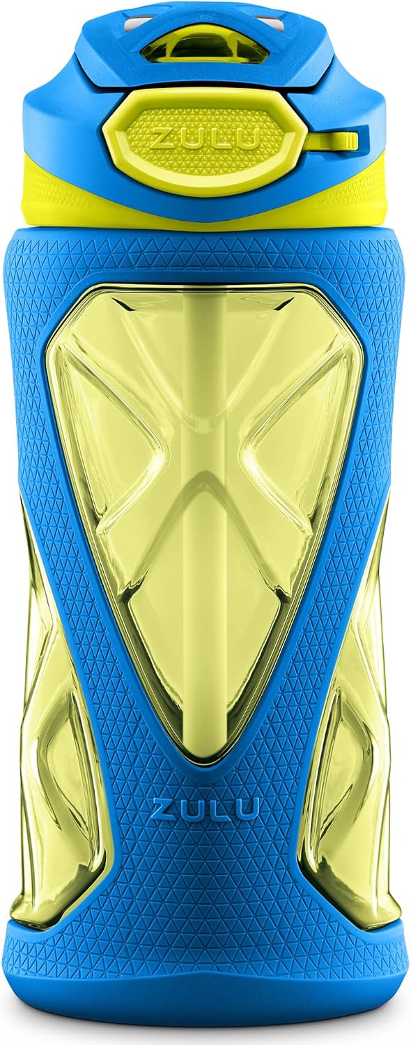 ZULU Torque 16oz Plastic Kids Water Bottle with Silicone Sleeve and Leak-Proof Locking Flip Lid and Soft Touch Carry Loop for School Backpack, Lunchbox, Outdoor Sports, BPA-Free Dishwasher Safe, Gray