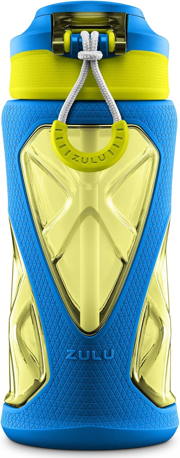 ZULU Torque 16oz Plastic Kids Water Bottle with Silicone Sleeve and Leak-Proof Locking Flip Lid and Soft Touch Carry Loop for School Backpack, Lunchbox, Outdoor Sports, BPA-Free Dishwasher Safe, Gray
