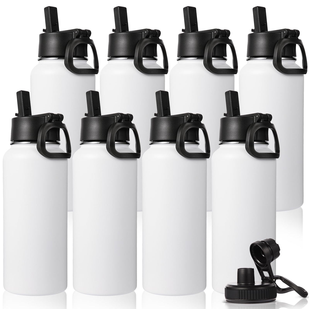 Neihepal 32 oz Insulated Water Bottles Bulk with 2 Lids (Straw & Spout Lid), Stainless Steel Double Wall Water Bottle, Keeps Cold 24H & Hot 12H (Eight Color,8 Pack)