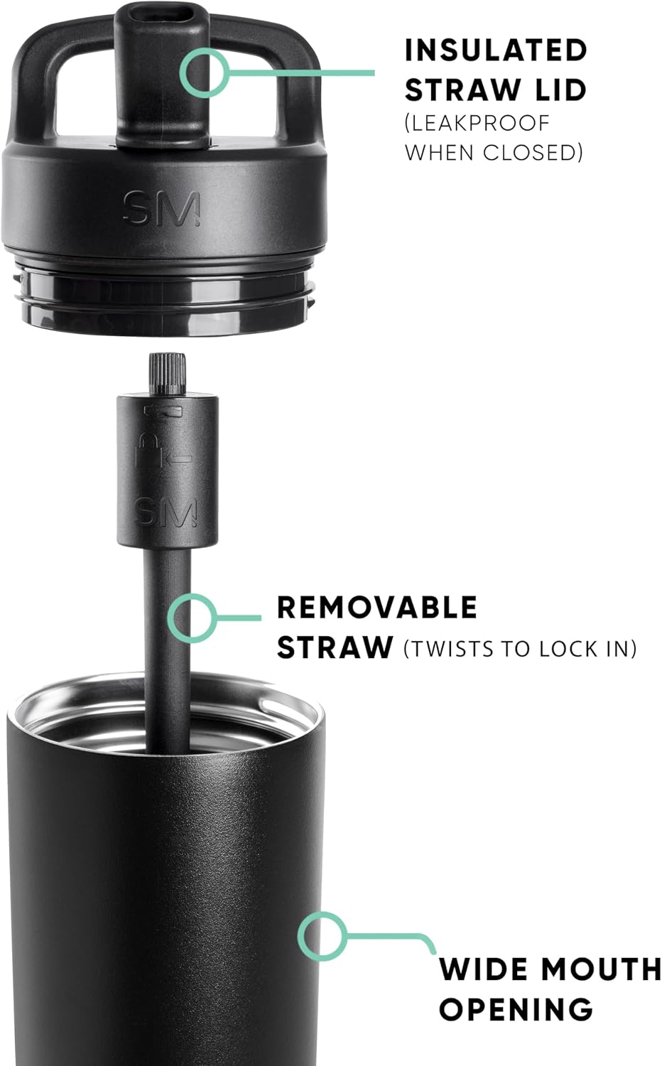 Simple Modern Insulated Water Bottle with Manual Straw | 24oz | Black