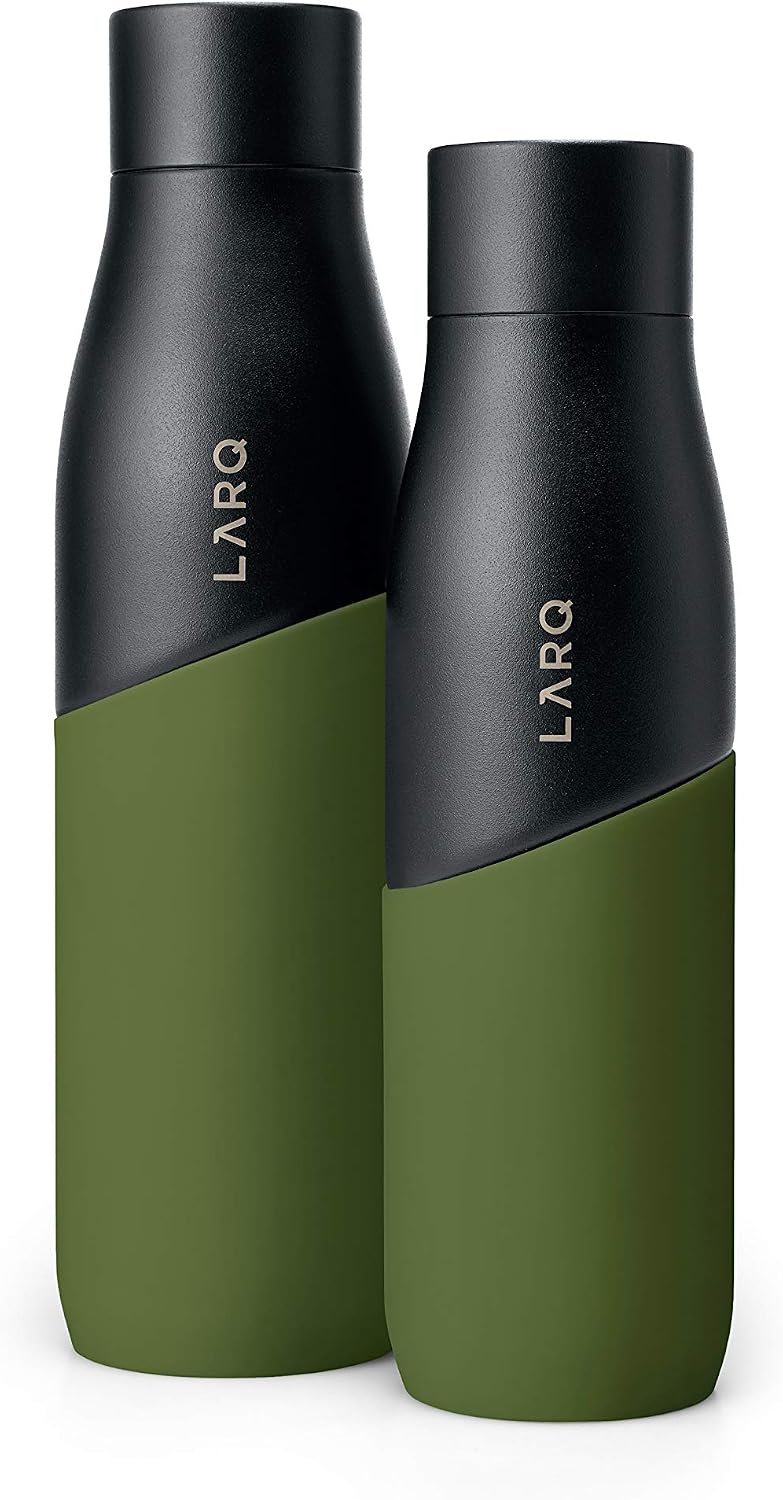 LARQ Bottle Movement PureVis 24 oz- Lightweight Self-Cleaning and Non-Insulated Stainless Steel Water Bottle with UV Water Purifier | Reusable & Travel Friendly, Black/Pine