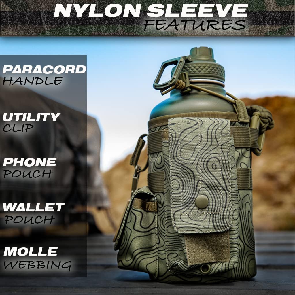 Iron Infidel Battle Bottle - Half Gallon Insulated Stainless Steel Water Jug with Handle - Gym Bottle for Men with Rugged Sleeve (Overland 2 Liter)