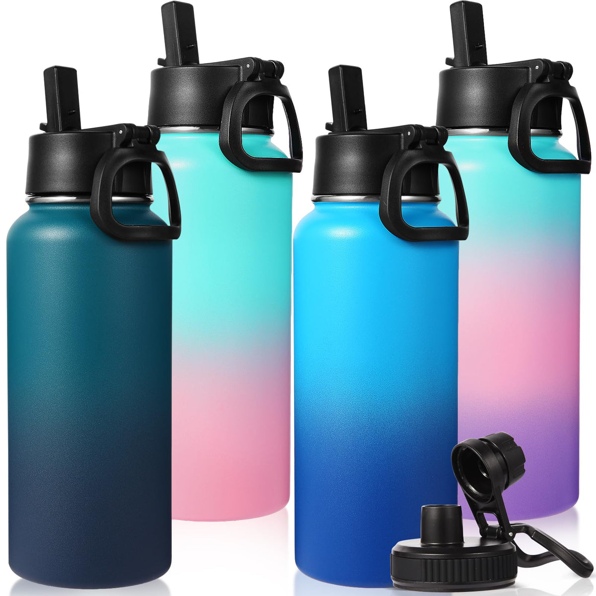 Neihepal 32 oz Insulated Water Bottles Bulk with 2 Lids (Straw & Spout Lid), Stainless Steel Double Wall Water Bottle, Keeps Cold 24H & Hot 12H (Eight Color,8 Pack)
