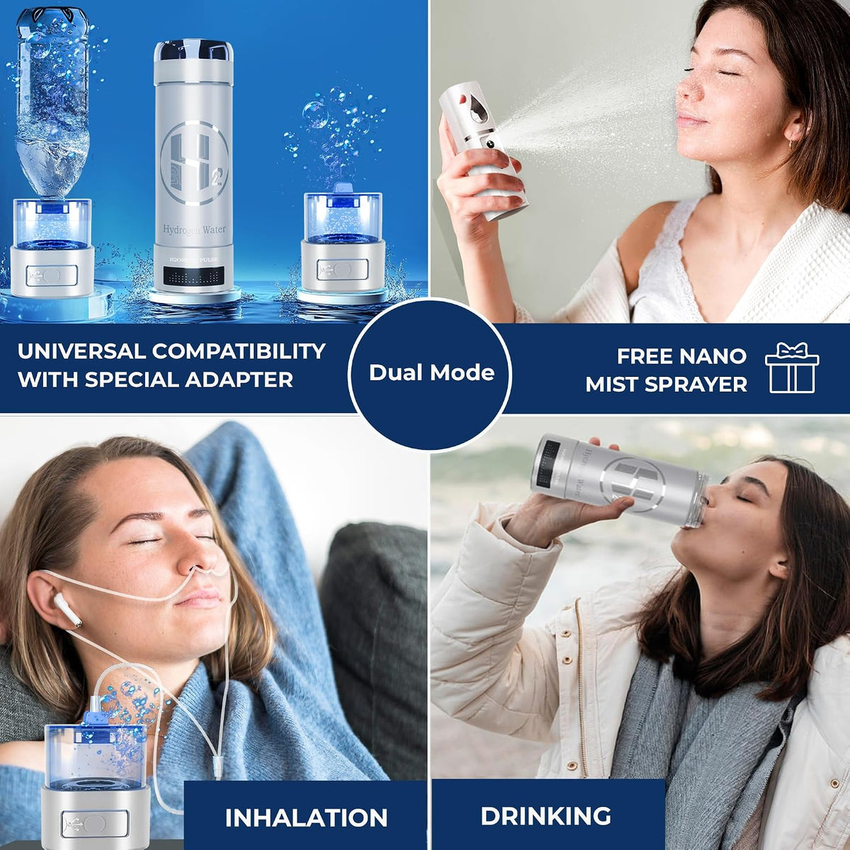Hydrogen Water Bottle Generator, Up to 9000 PPB Hydrogen Bottle Water Ionizer with SPE/PEM Technology, 3-in-1 Portable Universal Adapter and Refreshing Mist Spray for Home Hydration