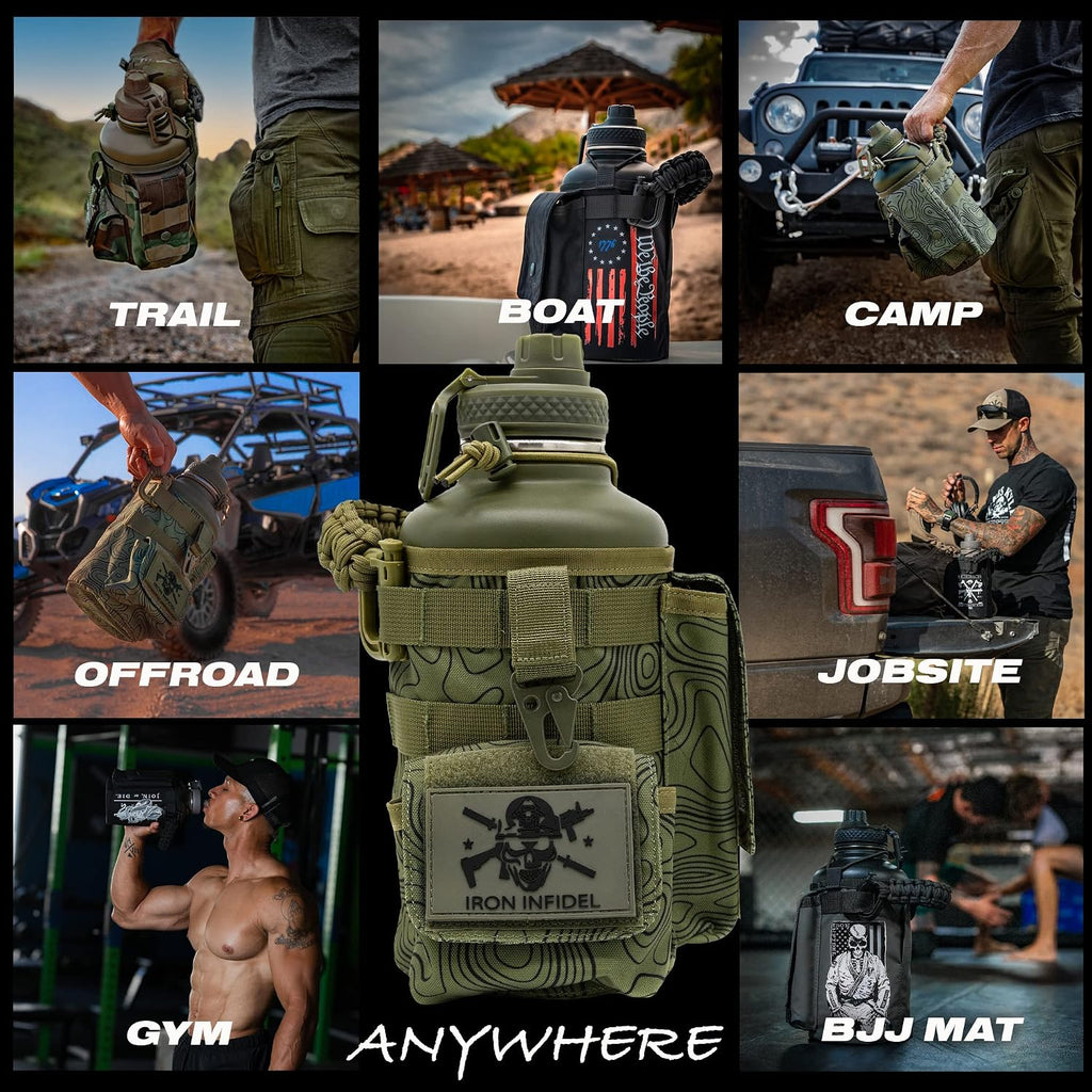 Iron Infidel Battle Bottle - Half Gallon Insulated Stainless Steel Water Jug with Handle - Gym Bottle for Men with Rugged Sleeve (Overland 2 Liter)