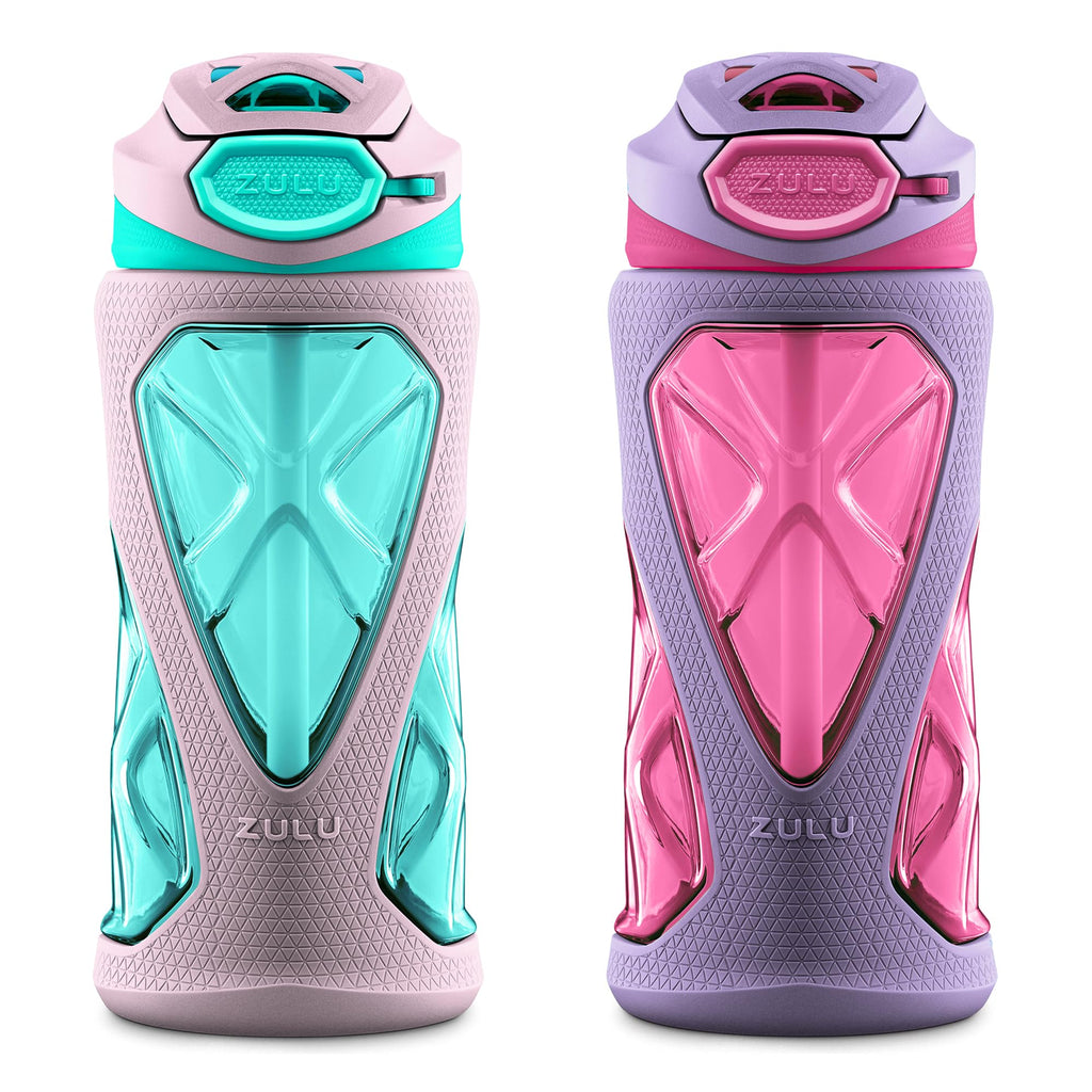 ZULU Torque 16oz Plastic Kids Water Bottle with Silicone Sleeve and Leak-Proof Locking Flip Lid and Soft Touch Carry Loop for School Backpack, Lunchbox, Outdoor Sports, BPA-Free Dishwasher Safe, Gray