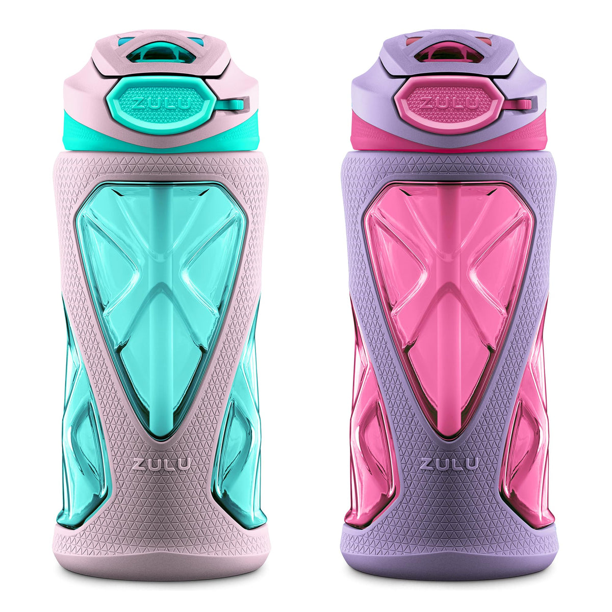 ZULU Torque 16oz Plastic Kids Water Bottle with Silicone Sleeve and Leak-Proof Locking Flip Lid and Soft Touch Carry Loop for School Backpack, Lunchbox, Outdoor Sports, BPA-Free Dishwasher Safe, Gray