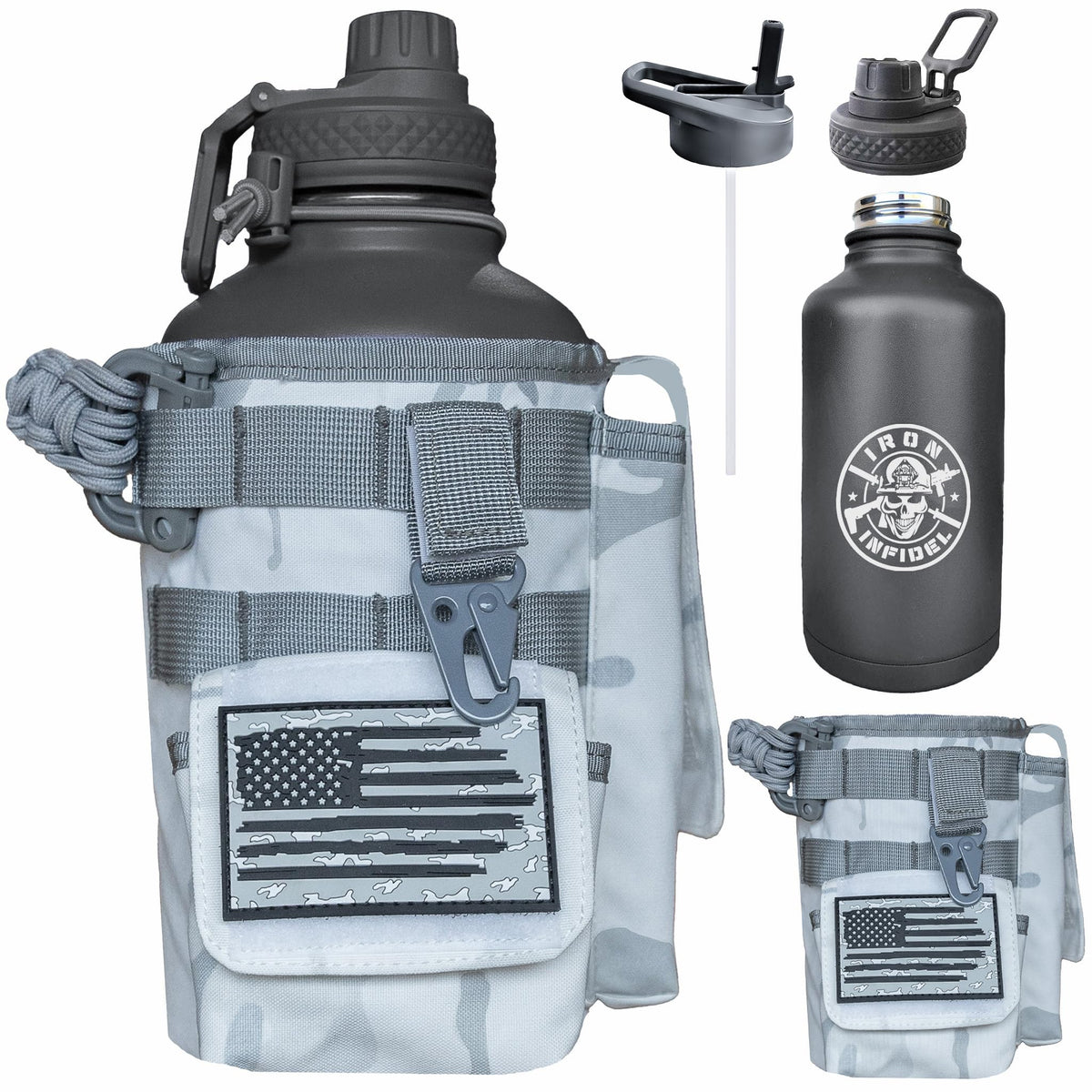 Iron Infidel Battle Bottle - Half Gallon Insulated Stainless Steel Water Jug with Handle - Gym Bottle for Men with Rugged Sleeve (Overland 2 Liter)