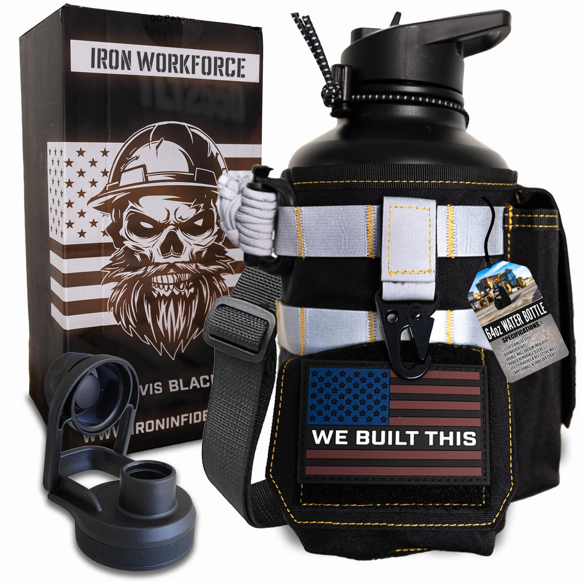 Iron Infidel Workforce Water Bottle - 64 oz Insulated Stainless Steel | Half Gallon Vacuum Water Jug | Paracord Handle, Removable Sleeve | Large Thermal Flask | Hiking, Camping, Workouts (Orange)