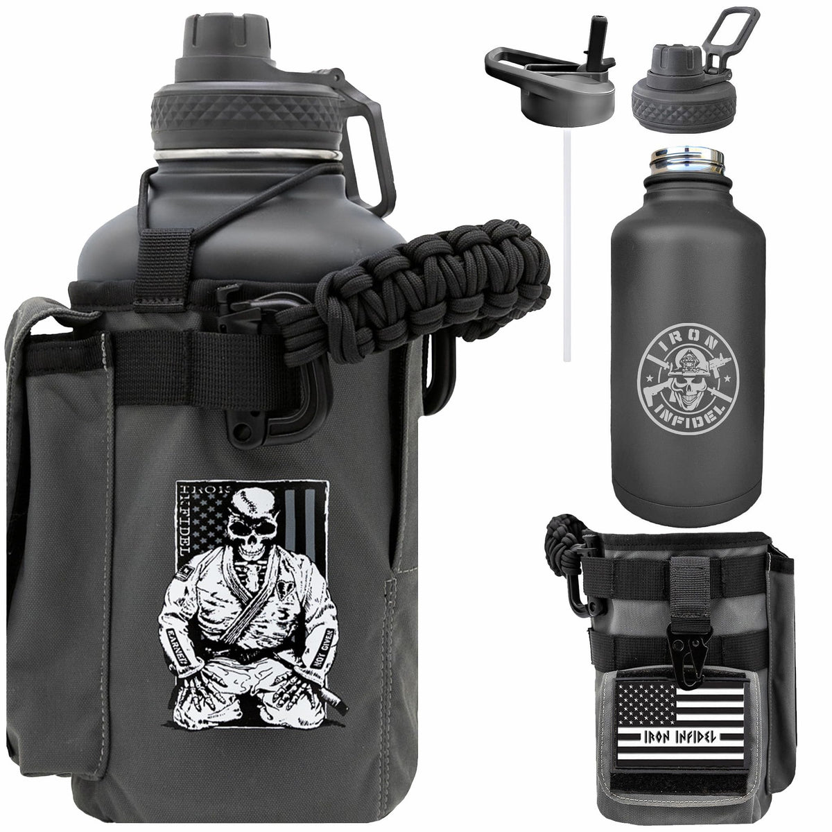 Iron Infidel Battle Bottle - Half Gallon Insulated Stainless Steel Water Jug with Handle - Gym Bottle for Men with Rugged Sleeve (Overland 2 Liter)