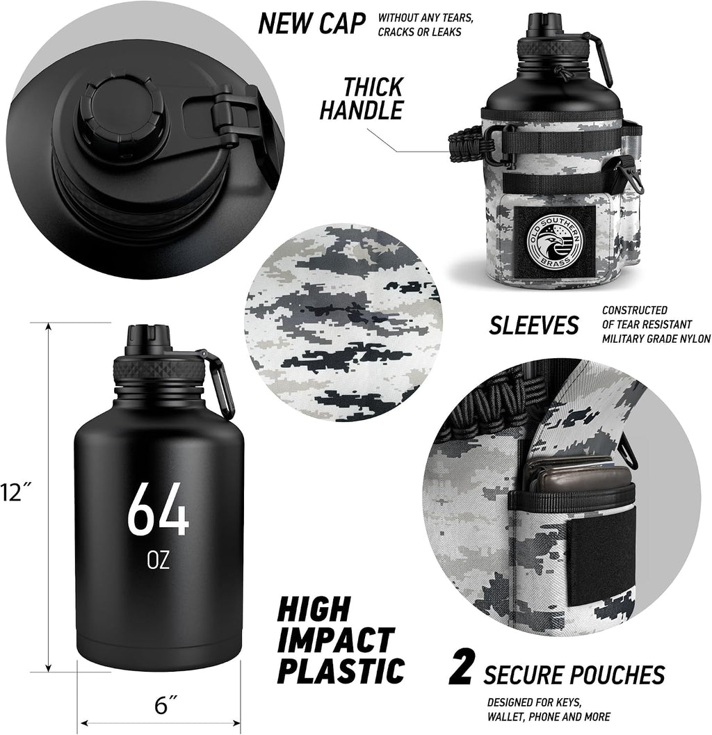 Old Southern Brass Combat Canteen 64oz Tactical Water Bottle – White Digital Camo Military Canteen Style Insulated Stainless Steel Water Jug