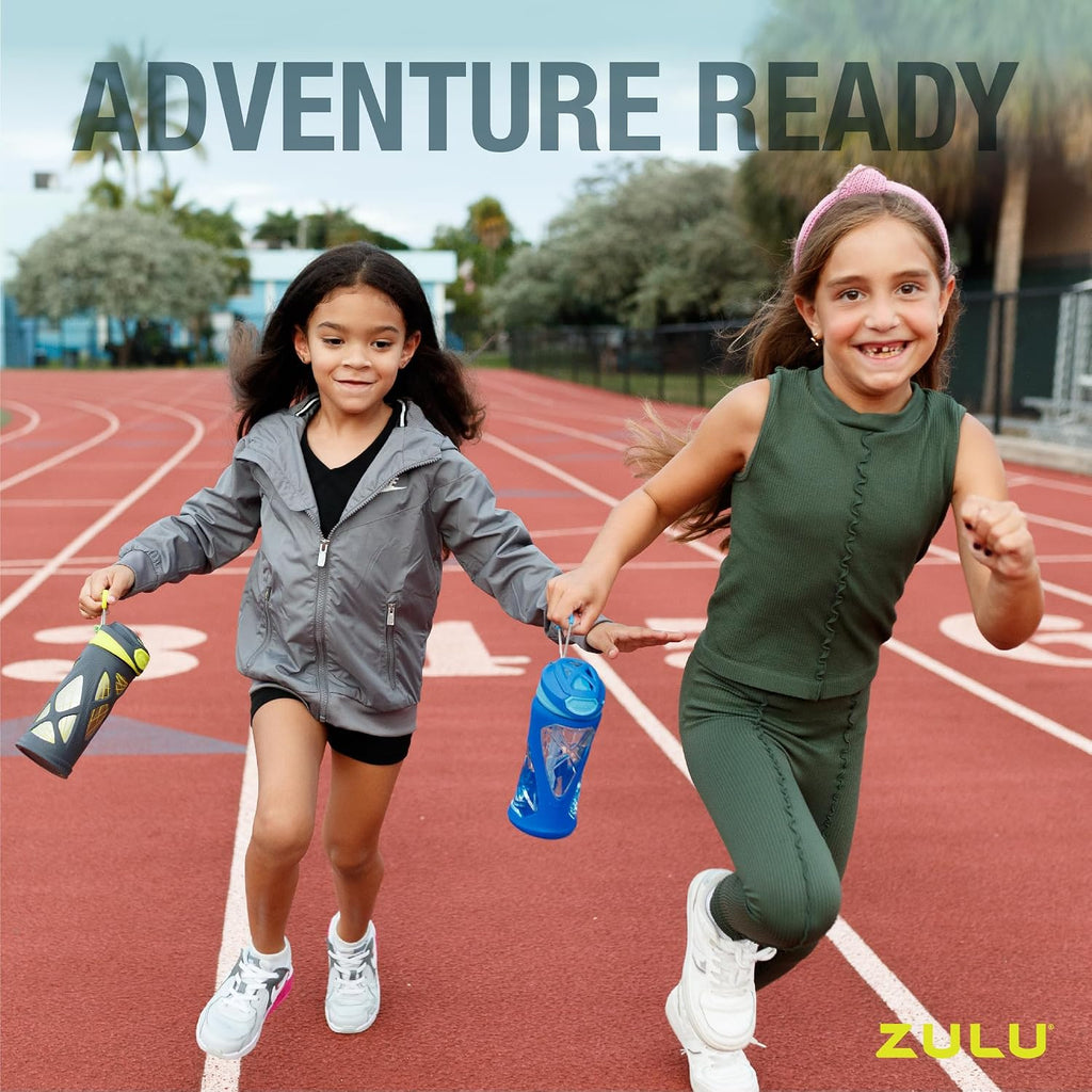 ZULU Torque 16oz Plastic Kids Water Bottle with Silicone Sleeve and Leak-Proof Locking Flip Lid and Soft Touch Carry Loop for School Backpack, Lunchbox, Outdoor Sports, BPA-Free Dishwasher Safe, Gray