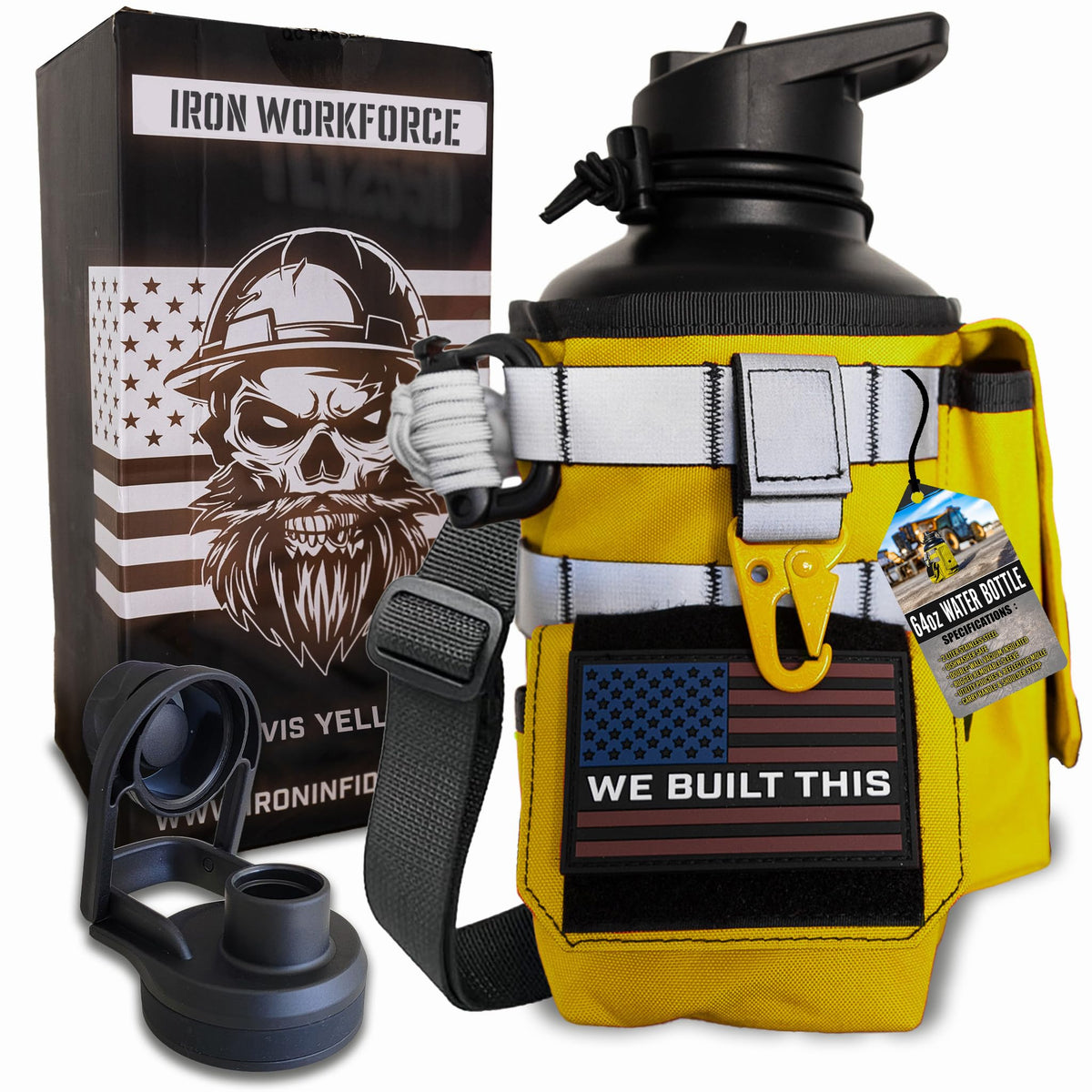 Iron Infidel Workforce Water Bottle - 64 oz Insulated Stainless Steel | Half Gallon Vacuum Water Jug | Paracord Handle, Removable Sleeve | Large Thermal Flask | Hiking, Camping, Workouts (Orange)