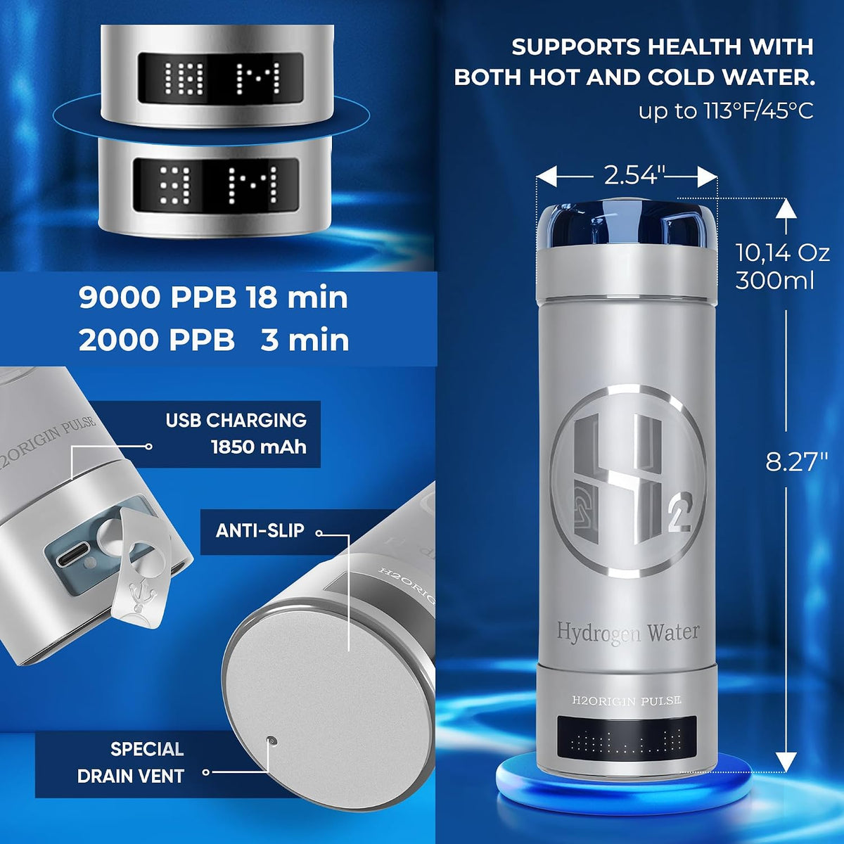 Hydrogen Water Bottle Generator, Up to 9000 PPB Hydrogen Bottle Water Ionizer with SPE/PEM Technology, 3-in-1 Portable Universal Adapter and Refreshing Mist Spray for Home Hydration