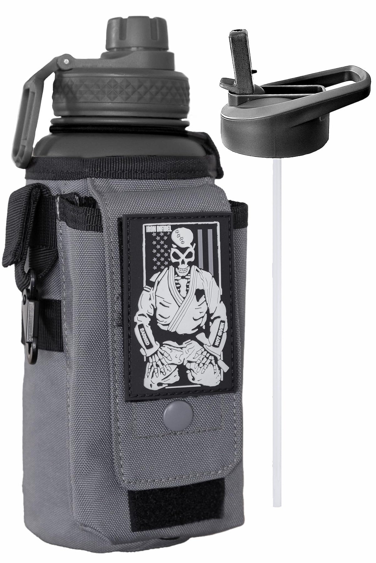 Iron Infidel Battle Bottle - Half Gallon Insulated Stainless Steel Water Jug with Handle - Gym Bottle for Men with Rugged Sleeve (Overland 2 Liter)