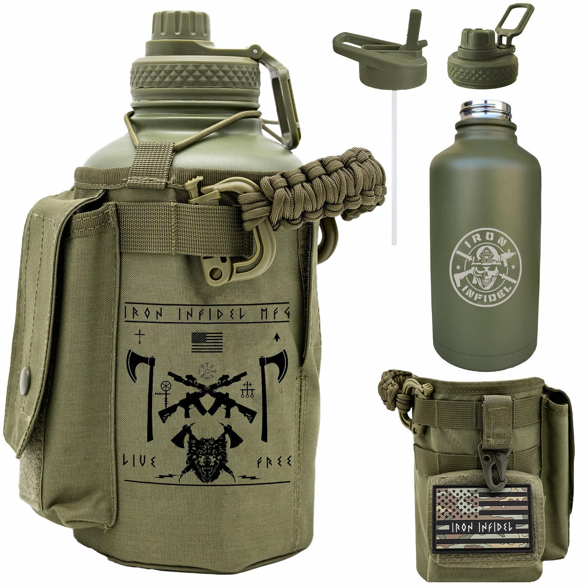 Iron Infidel Battle Bottle - Half Gallon Insulated Stainless Steel Water Jug with Handle - Gym Bottle for Men with Rugged Sleeve (Overland 2 Liter)