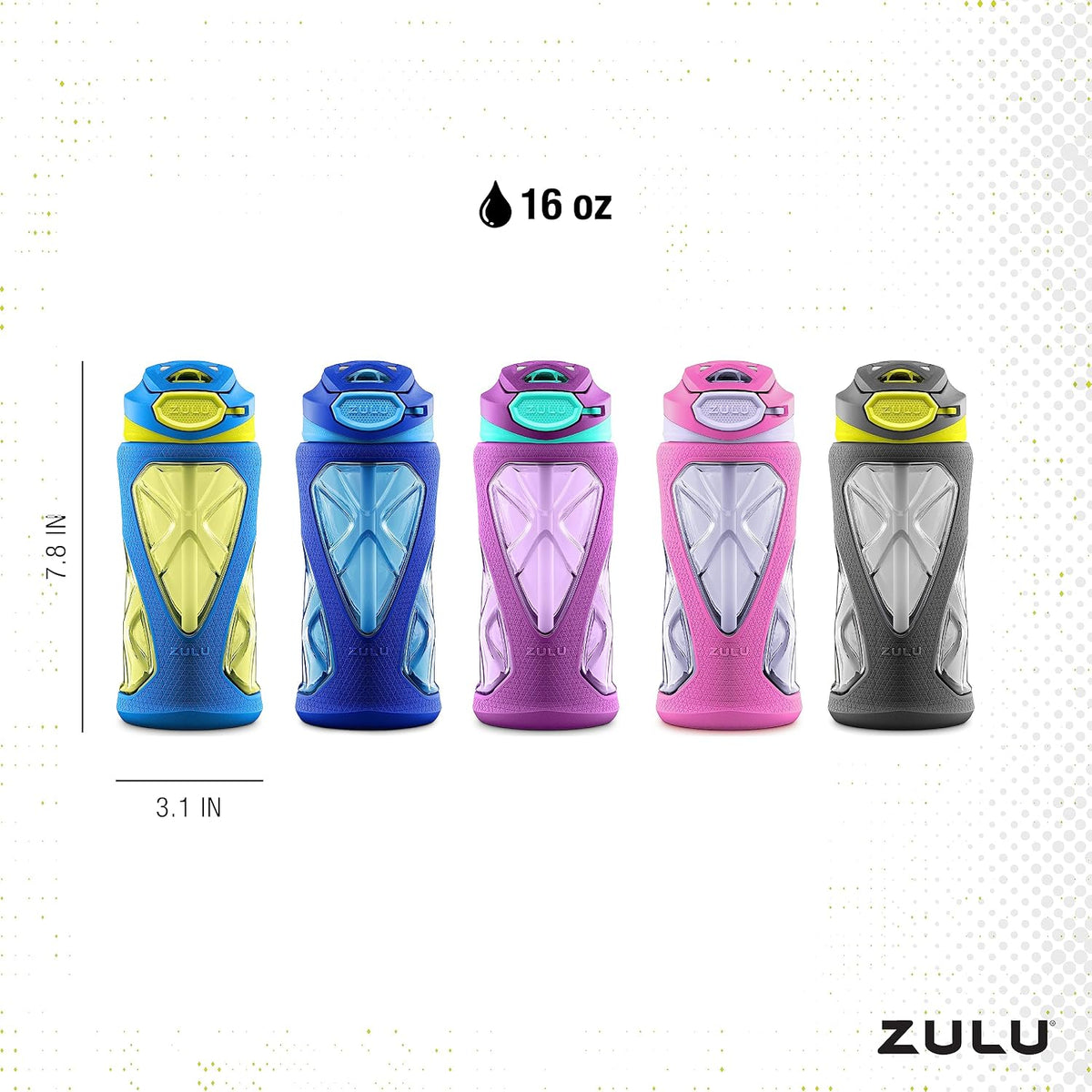 ZULU Torque 16oz Plastic Kids Water Bottle with Silicone Sleeve and Leak-Proof Locking Flip Lid and Soft Touch Carry Loop for School Backpack, Lunchbox, Outdoor Sports, BPA-Free Dishwasher Safe, Gray