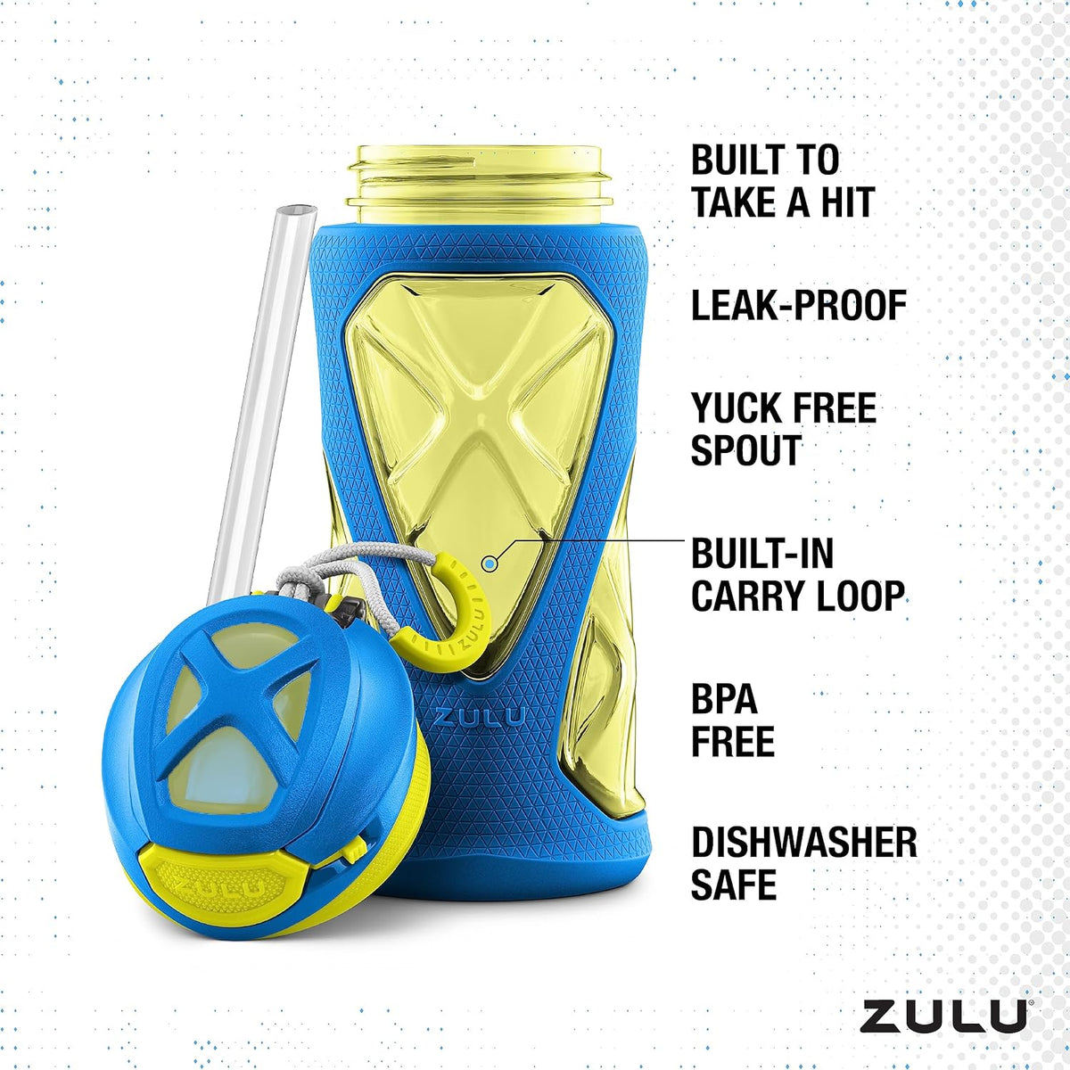ZULU Torque 16oz Plastic Kids Water Bottle with Silicone Sleeve and Leak-Proof Locking Flip Lid and Soft Touch Carry Loop for School Backpack, Lunchbox, Outdoor Sports, BPA-Free Dishwasher Safe, Gray